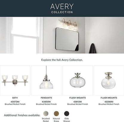 Kichler Avery 24" Vanity Bath Light in Brushed Nickel, Vintage 3-Light Bathroom Wall Mount Fixtured with Clear Seeded Glass, (24" W x 9.25" H), 45973NI