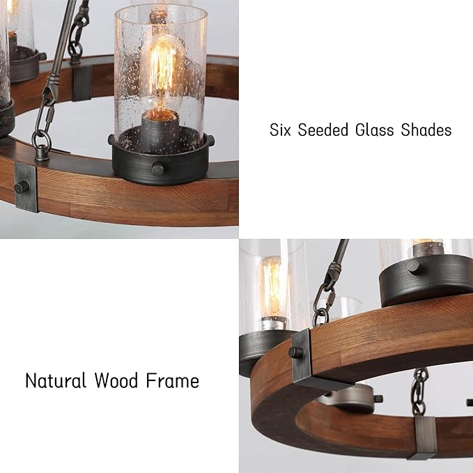 LALUZ Wood Wagon Wheel Chandelier, 6-Light Rustic Farmhouse Round Light Fixture with Seeded Glass Shades for Dining Room, Living Room, Bedroom, Foyer