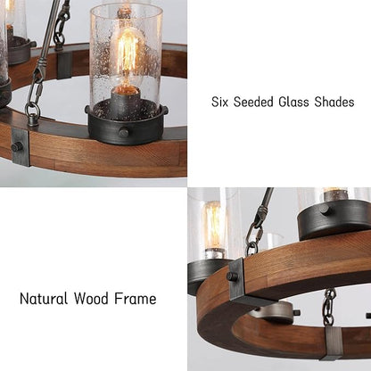 LALUZ Wood Wagon Wheel Chandelier, 6-Light Rustic Farmhouse Round Light Fixture with Seeded Glass Shades for Dining Room, Living Room, Bedroom, Foyer