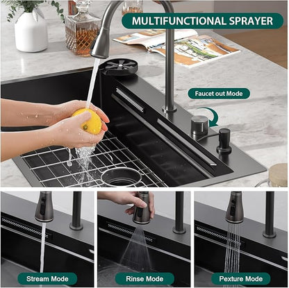 36 Inch Black Drop In Kitchen Sink with Faucet Waterfall 16 Gauge Stainless Steel Workstation All-In One Single Bowl 3-Holes Sink with Cup Washer, Soap Dispenser, Gunmetal Black #TLWF-0032
