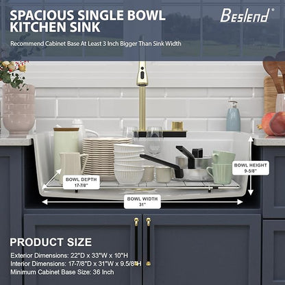 33x22 inch Drop In Kitchen Sink With Faucet White Waterfall Smart Granite Composite Workstation Kitchen Sink Top Mount Single Bowl 33"W x 22"D x 10"H