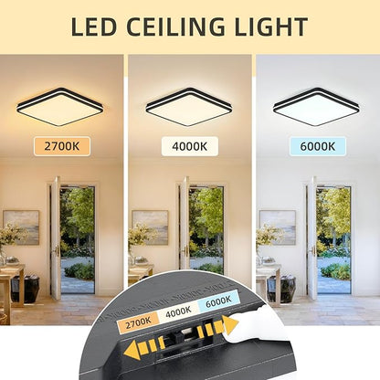 6PK 12 Inch LED Flush Mount Ceiling Light with Side Light, 40W, 2520LM, 3000K/4000K/6000K CCT Selectable, Black Square LED Ceiling Light for Hallway, Kitchen, Bedroom, Laundry Room