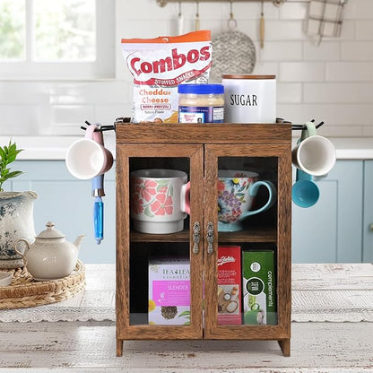 Ikee Design Small Wooden Countertop Storage Cabinet with Adjustable Shelves and Removable Hooks, Perfect for Perfume, Pantry, Essential Oil, 10.4W x 6.1D x 14.4H in, Brown