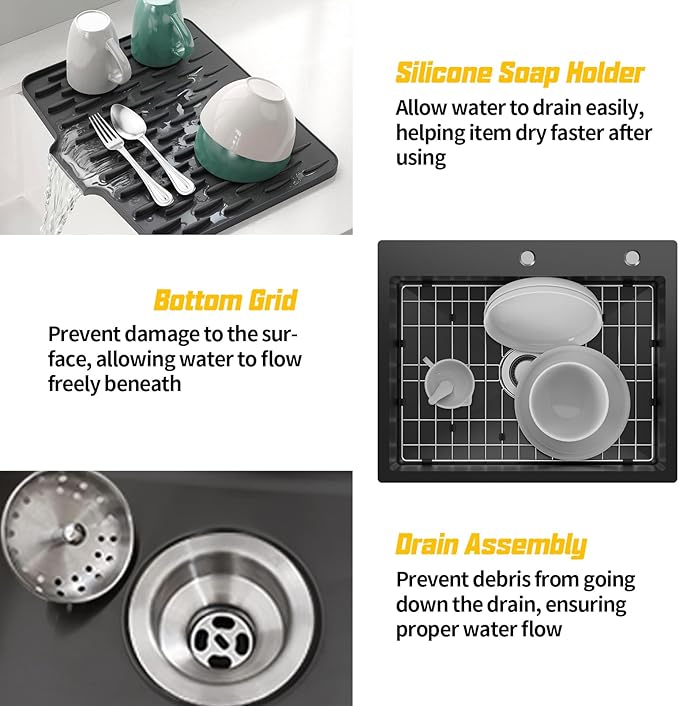 Black 25x20 Inch Drop In Kitchen Sink-Stainless Steel Single Bowl Topmount Kitchen Sink Stylish And Modern Look With Bottom Grid,Silicon Mat And Drain Assembly Add Elegance & Enhance Usability
