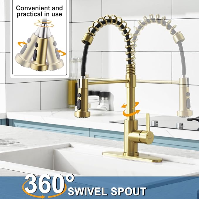 Gold Kitchen Faucet with Pull Down Sprayer, Single Handle Brushed Gold Faucet for Kitchen Sink, Commercial Farmhouse Kitchen Faucet with Deck Plate