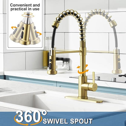 Gold Kitchen Faucet with Pull Down Sprayer, Single Handle Brushed Gold Faucet for Kitchen Sink, Commercial Farmhouse Kitchen Faucet with Deck Plate