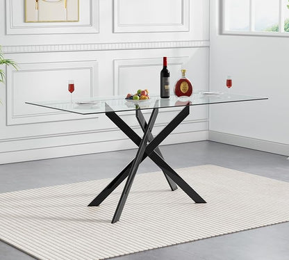 Henf 51in Glass Dining Table for 4 or 6, Rectangle Kitchen Table with X Shape Metal Legs, Tempered Glass Top Dining Room Table for 4