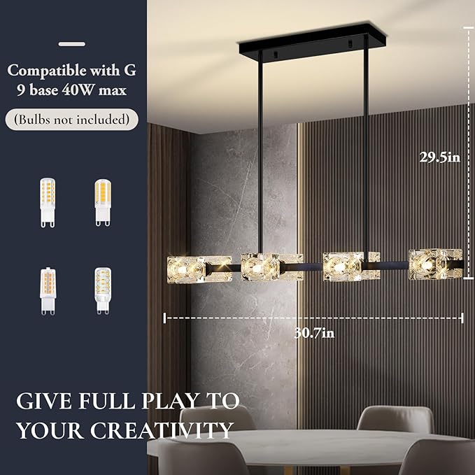 Black Chandeliers for Dining Room, Modern Crystal Pendant Lights Fixture with Cube Shade, 8-Lights Farmhouse Hanging Dining Light Fixtures Over Table for Kitchen Island, Living Room, Bedroom (G9 Base)