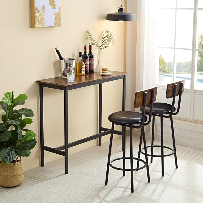 3 Piece High Top Table Set Kitchen Bar Table and Bar stools Set for 2, Island Dining Table and Tall barstools,Counter Height Pub Small Table Set, Industrial, Rustic Brown