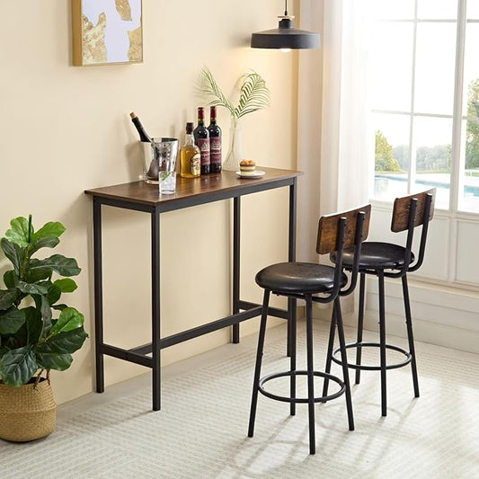 3 Piece High Top Table Set Kitchen Bar Table and Bar stools Set for 2, Island Dining Table and Tall barstools,Counter Height Pub Small Table Set, Industrial, Rustic Brown