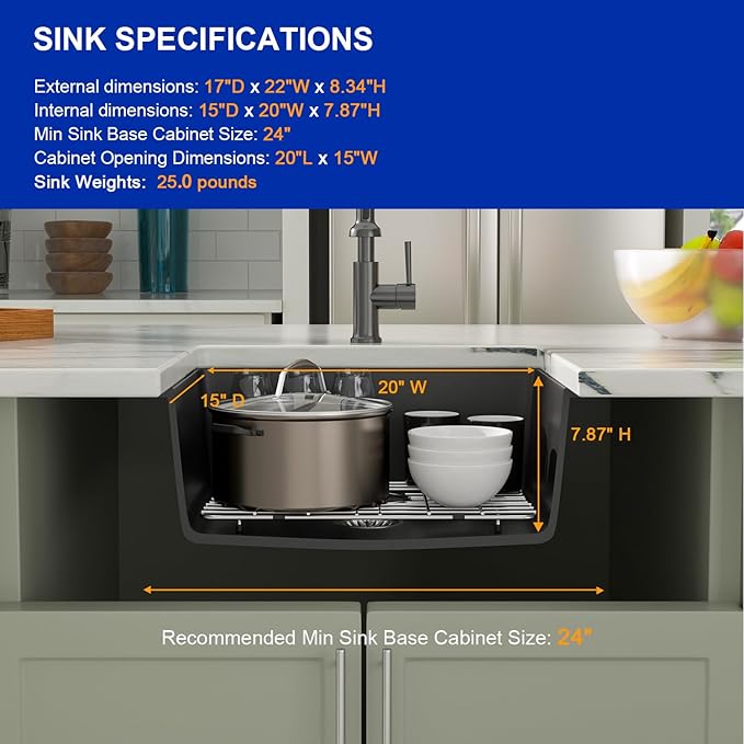 22 x 17 Undermount/Drop-in Kitchen Sink, Single Bowl Quartz Granite Composite Sink, Matte Black, Center Drain for Small Kitchen & Remodel, #DC-GU7747