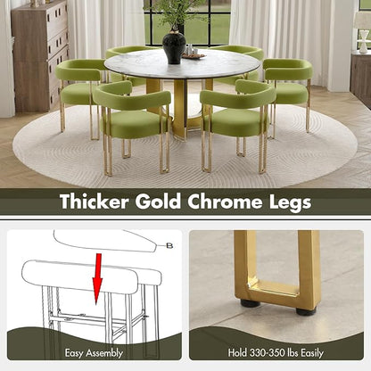 Hyfirm Green and Gold Modern Dining Chairs Set of 2, Velvet Upholstered Barrel Armchairs with Metal Legs for Kitchen Island, Mid Century Accent Chairs for Dining Room Living Room, Open-Back