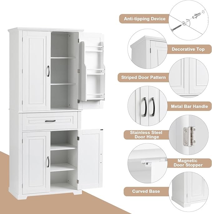 Storage Pantry Cabinet with Door and Shelf Organizer, Kitchen Cupboard for Entryway, Living Room or Bathroom, Adjustable Shelves, White