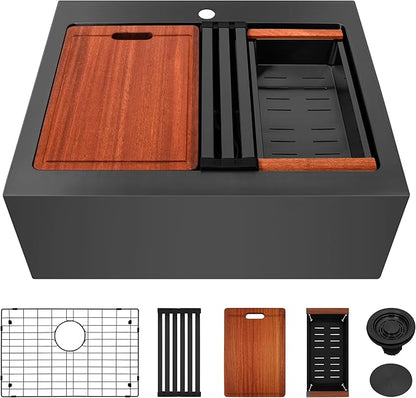 Rhbamoa Black Farmhouse Sink,Black Stainless Steel Drop in Farmhouse Sinks,Small Topmount Workstation Sinks,26 inch Single Bowl Apron Front Kitchen Farm Sink with All Accessories