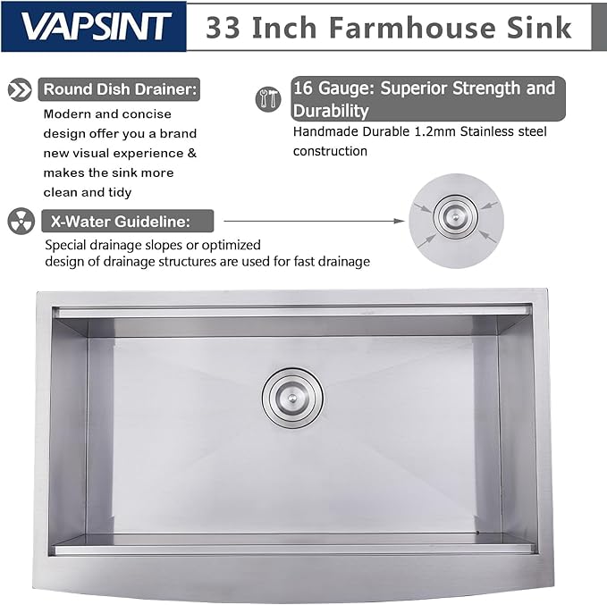VAPSINT 33 Inch Farmhouse Kitchen Sink, 33x20x9 Inches Stainless Steel Undermount 16 Gauge Deep Single Bowl Apron Front Workstation Ledge Farm Sink with Accessories