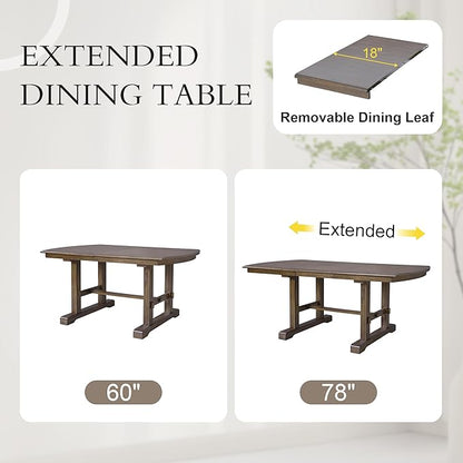 78" Extendable Wooden Island Table, Rustic Dining Table with H Legs, Mid Century Dining Table for Home Kitchen, Brown