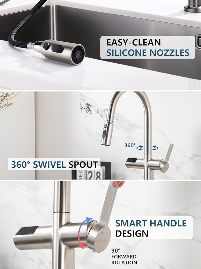 Lefton Touchless Pull-Out Kitchen Faucet, Hands Free Motion Sensor Activated, Battery-Free Temperature Display, KF2206 (Contemporary, Brushed Nickel)