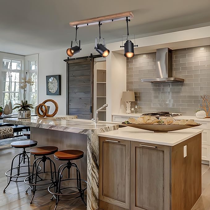 Lingkai Track Lighting Fixture, Farmhouse 3-Light Black Wood Kitchen Spotlight Industrial Adjustable Heads Ceiling Light for Kitchen Living Room Dining Room