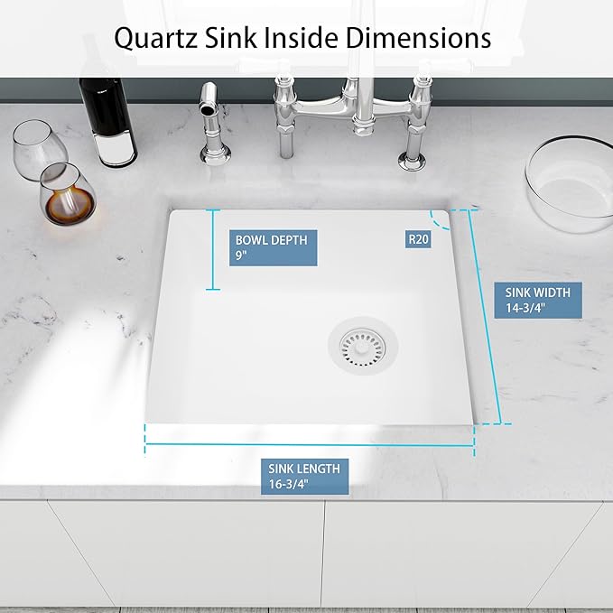 White Bar Sink,White Granite Composite Kitchen Sink With Accessories,19 Inch Undermount Quartz Stone Kitchen Sinks, 19" x 17" x 9 White Kitchen Sink with Offset Drain
