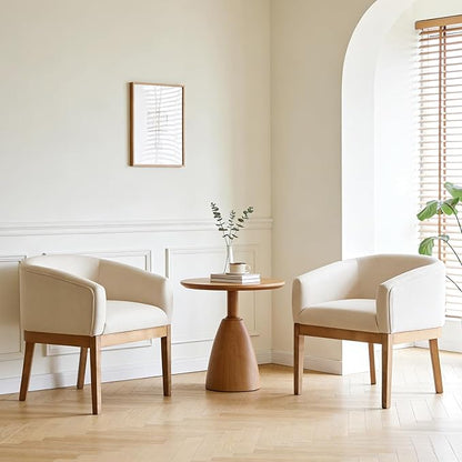 Barrel Dining Chairs Set of 2, Mid Century Modern Farmhouse Kitchen Chairs with Wood Legs, Linen Upholstered Accent Chair with Arms for Living Room/Bedroom, Beige