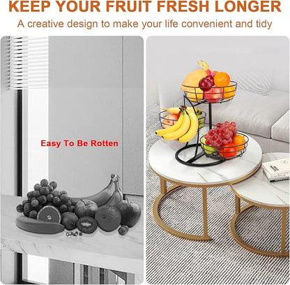 Livabber Fruit Basket Bowl with Banana Hanger, Fruit Vegetable Storage Basket with Banana Tree Holder for Kitchen Counter, Detachable Organizer for Bread Snack Produce (Black, 3-Tier Metal Base)