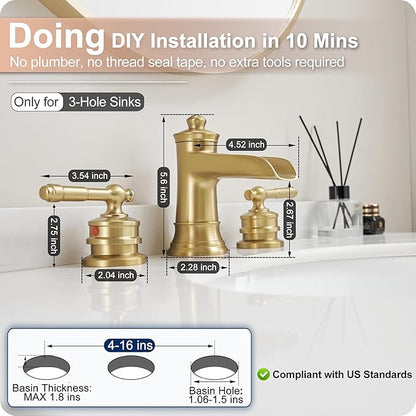 Gold Bathroom Faucet Waterfall, Brass 4-16 Inch Bathroom Faucets 3 Hole, Widespread 2 Handles with Pre-installed Water Hose & Pop-Up Drain for Vintage Vanity Washroom, 10 Mins Quick Installation