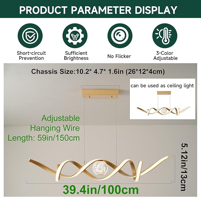 ORANOOR LED Modern Chandeliers for Dining Room, 39in Dimmable Gold Chandelier Kitchen Pendant Lighting Over Island, Linear Wave Spiral Pendant Light Fixtures Dining Room Lights Ceiling Hanging, 36W
