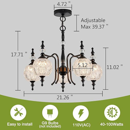 Chandeliers Modern 5-Light Chandelier Black Kitchen Island Pendant Light Fixtures Finish with Crystal Glass Shade for Kitchen Island Living Room
