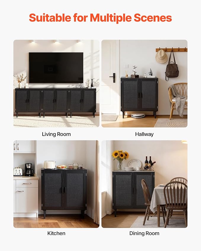VEVOR Rattan Cabinet, Rattan Buffet Cabinet with 2 Magnetic Doors and Adjustable Shelves, Accent Sideboard Buffet with Wooden Legs & Power Cord Hole for Hallway, Entryway, Kitchen, Black