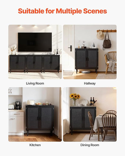 VEVOR Rattan Cabinet, Rattan Buffet Cabinet with 2 Magnetic Doors and Adjustable Shelves, Accent Sideboard Buffet with Wooden Legs & Power Cord Hole for Hallway, Entryway, Kitchen, Black