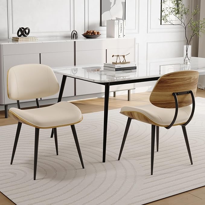 Mid Century Modern Dining Chairs Set of 4, PU Leather Armless Kitchen Chairs with Walnut Bentwood Back & Metal Legs, Sturdy Retro Accent Chairs for Dining Room, Living Room, Beige