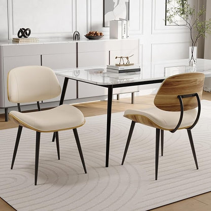 Mid Century Modern Dining Chairs Set of 4, PU Leather Armless Kitchen Chairs with Walnut Bentwood Back & Metal Legs, Sturdy Retro Accent Chairs for Dining Room, Living Room, Beige