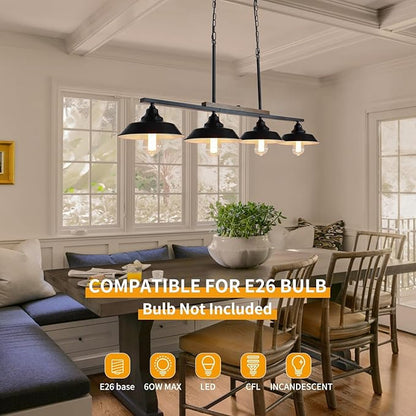 Kitchen Island Light, 4 Lights Black Pendant Dining Room Light Fixture Farmhouse Chandeliers for Dining Room Over Table Metal Hanging Lamp for Kitchen Island Hallway Pool Table