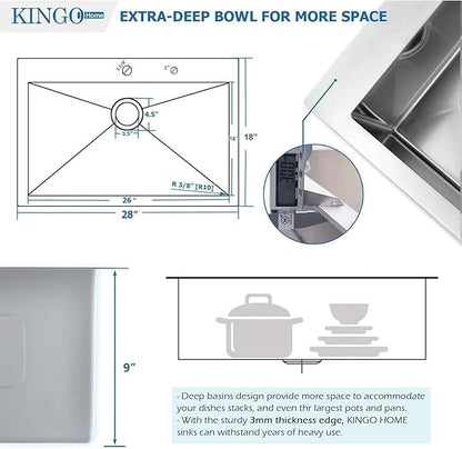 KINGO HOME 28 Inch Drop in Kitchen Sink, 304 Stainless Steel Single Bowl Basin, Top Mount 16 Gauge 28x18 Inch Brushed Nickel Dishwasher Sinks for Workstation, RV, Laundry, Commercial and Bar Sink