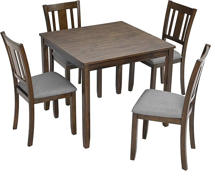 5-Piece Solid Wood Dining Table Set with 4 Upholstered Chairs, Square Dining Table Set for 4, Modern Kitchen and Dining Room Table and Chairs Set of 4, Walnut