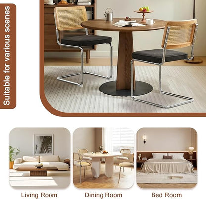 Rattan Back Linen Dining Chair Set of 4 Modern Stainless Chrome Base Armless Upholstered Side Chair for Dining Room, Kitchen Island,Black