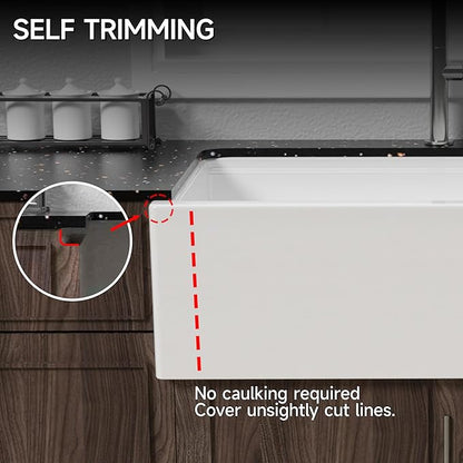 Miuara Self Trimming Farmhouse Workstation Sink 33 Inch - Tall Apron Front Fireclay Kitchen Sink 33"x20"x10", Dual Mount: Undermount & Topmount, Farm House Style Single Bowl, Glossy White, for Kitchen