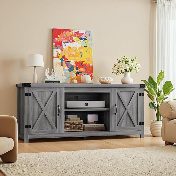 YESHOMY Modern Farmhouse TV Stand with Two Barn Doors and Storage Cabinets for Televisions up to 65+ Inch,Entertainment Center Console Table,Media Furniture for Living Room,Rustic Gray