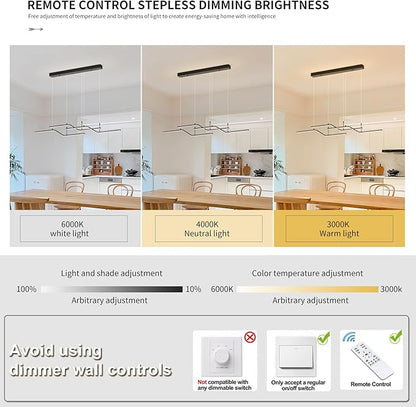 Siittoo Modern LED Chandelier, 45W Dimmable Dining Room Chandelier with Remote, 3-Light Black Wave Linear Hanging Pendant Light Fixture for Kitchen Island Restaurant (52'')