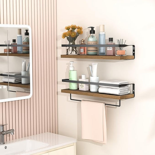 Bathroom Shelves with Towel Bar,Floating Shelves for Bathroom, Kitchen, Bedroom, Paulownia Wood, Matte Black Metal Frame - Set of 2 (Light Brown)