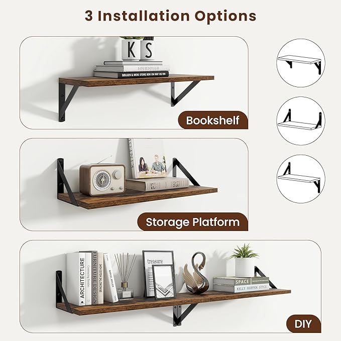 Axeman 20 Inch Floating Shelves | 8 Inch Deep Brown Wall Shelves Set of 2 | 20''W x 8''D Rustic Brown Wood Shelves for Bathroom Living Room Bedroom Kitchen