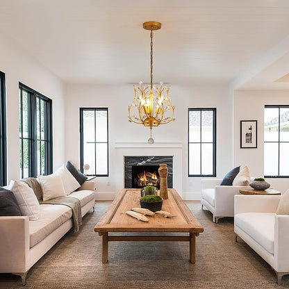 Small Gold Crystal Chandelier, Farmhouse 3-Light Branch Crystal Pendant Light with 47.2'' Adjustable Chain, Vintage 13.8'' Ceiling Hanging Light Fixture for Dining Room, Kitchen, Entryway