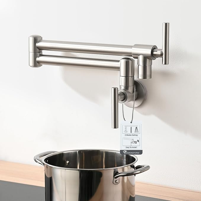 Pot Filler Faucets - for Kitchen, Sink, Stove and Bar with Brass Wall Mount Double Joint Swing Arms - Leak Free Designs with High-Flow Aerators - Retractable and Folding Save Space - Brushed Nickel