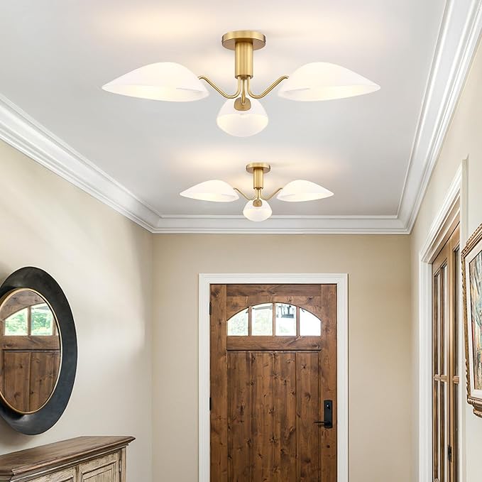 MEXO Modern Gold 3-Light Ceiling Light with Opal White Glass Shade Semi Flush Mount Ceiling Light for Living Room Hallway Sputnik Chandelier Lighting Fixture