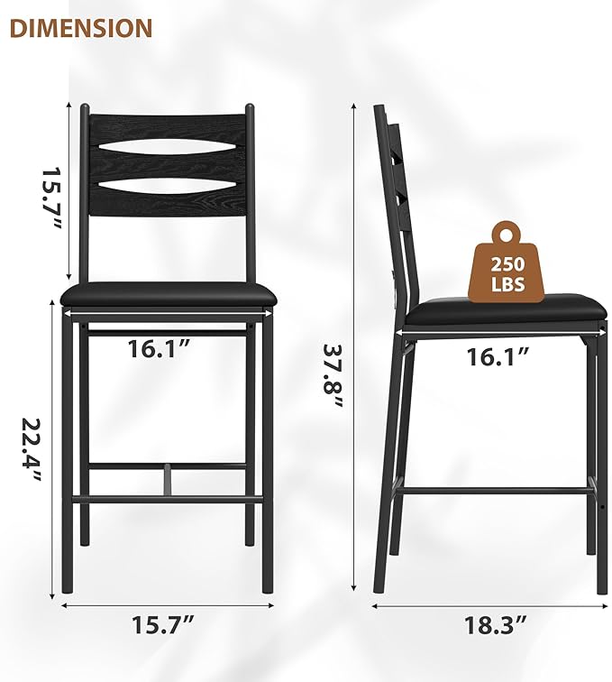 Garvee Bar Stools Set of 2, Counter Height Bar Chairs with Back and Thick Cushion, Upholstered Dining Chairs with Padded Seat, Barstools for Kitchen Island, Bar, Dining Room, Black