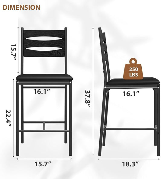 Garvee Bar Stools Set of 4, Counter Height Bar Chairs with Back and Thick Cushion, Upholstered Dining Chairs with Padded Seat, Barstools for Kitchen Island, Bar, Dining Room, Black