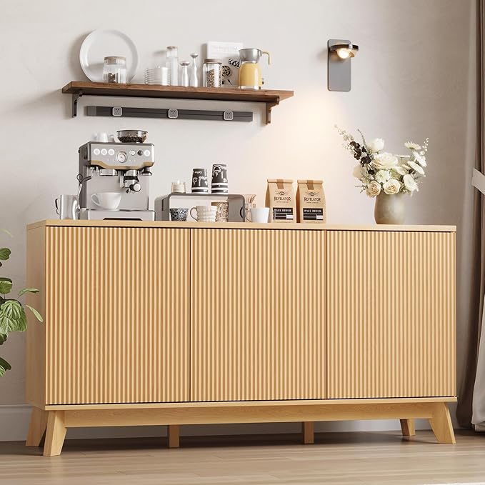 GarveeHome 58" Modern Farmhouse Sideboard Buffet Cabinet with Adjustable Shelves Storage & 4 Doors, Wood Buffet Console Table, Curved Design, Cupboard Coffee Bar Cabinet for Dining Room, Living Room