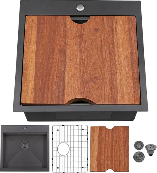 21x20 Inch Black Kitchen Sink, Drop In Bar Sink Black, Stainless Steel Square Small Topmount Workstation Sinks, Single Bowl Kitchen Sinks for Laundry Office Wet Bar Prep RV Outdoor Yard