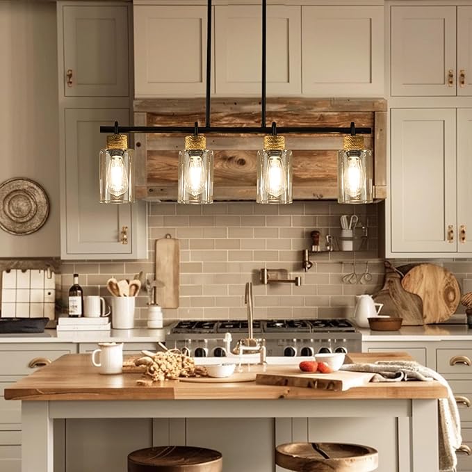 Black Pendant Lights Kitchen Island, Farmhouse Chandeliers for Dining Room, Linear Island Lights with Jute Rope & Clear Glass Shades(Black 4 Light)