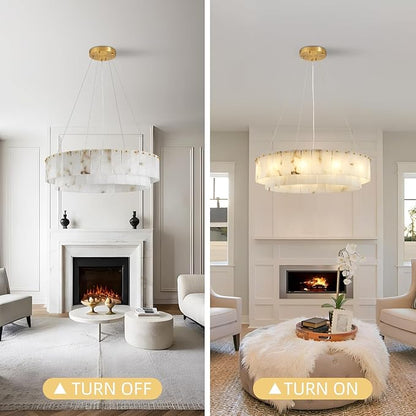 Lanhall Spanish Alabaster Chandelier, 2 Tiers Brushed Brass Modern Chandeliers for Dining Room Light Fixture 12-Light Pendant Light Natural Marble Chandelier for Kitchen Bedroom Living Room Foyer